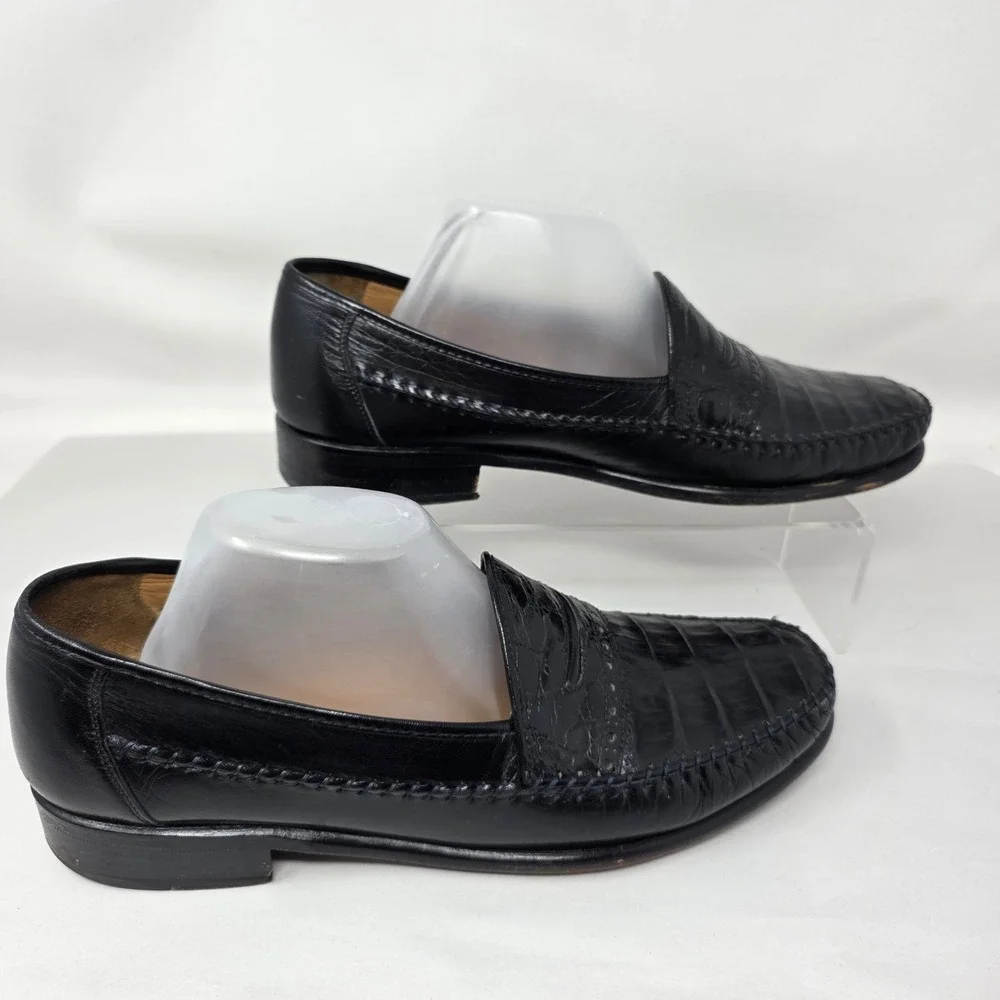 David Eden Loafers Mens 9 Black Crocodile Leather Exotic Penny Moccasin Good